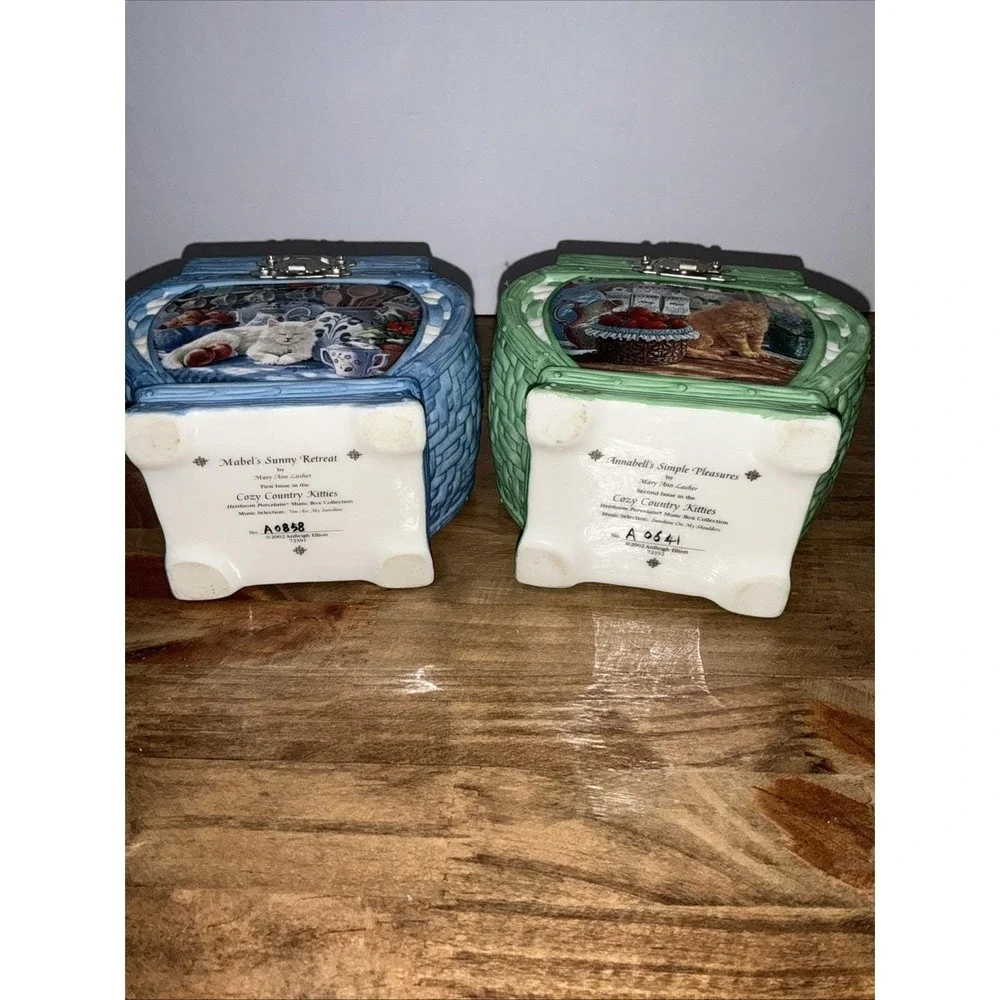 Mary Ann Lasher Cozy Country Kitties Porcelain Music Box Lot Mabel Annabelle Cat
